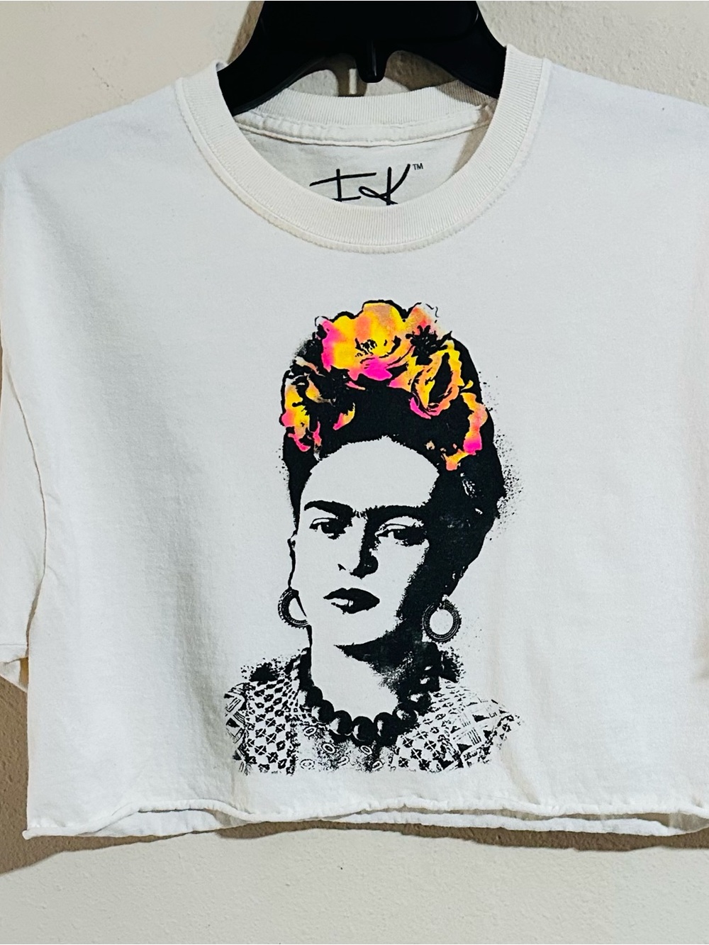 Frida Kahlo FK by Jerry Leigh Cream Graphic Crop Top with Neon Floral Accent